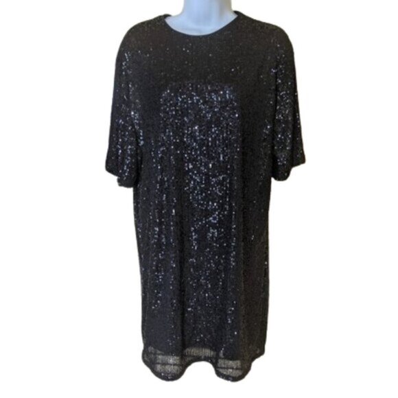 Black Short Sleeved Sequined Dress Size Small NEW NWT - Picture 1 of 7